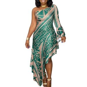 One-Shoulder Print Midi Dress
